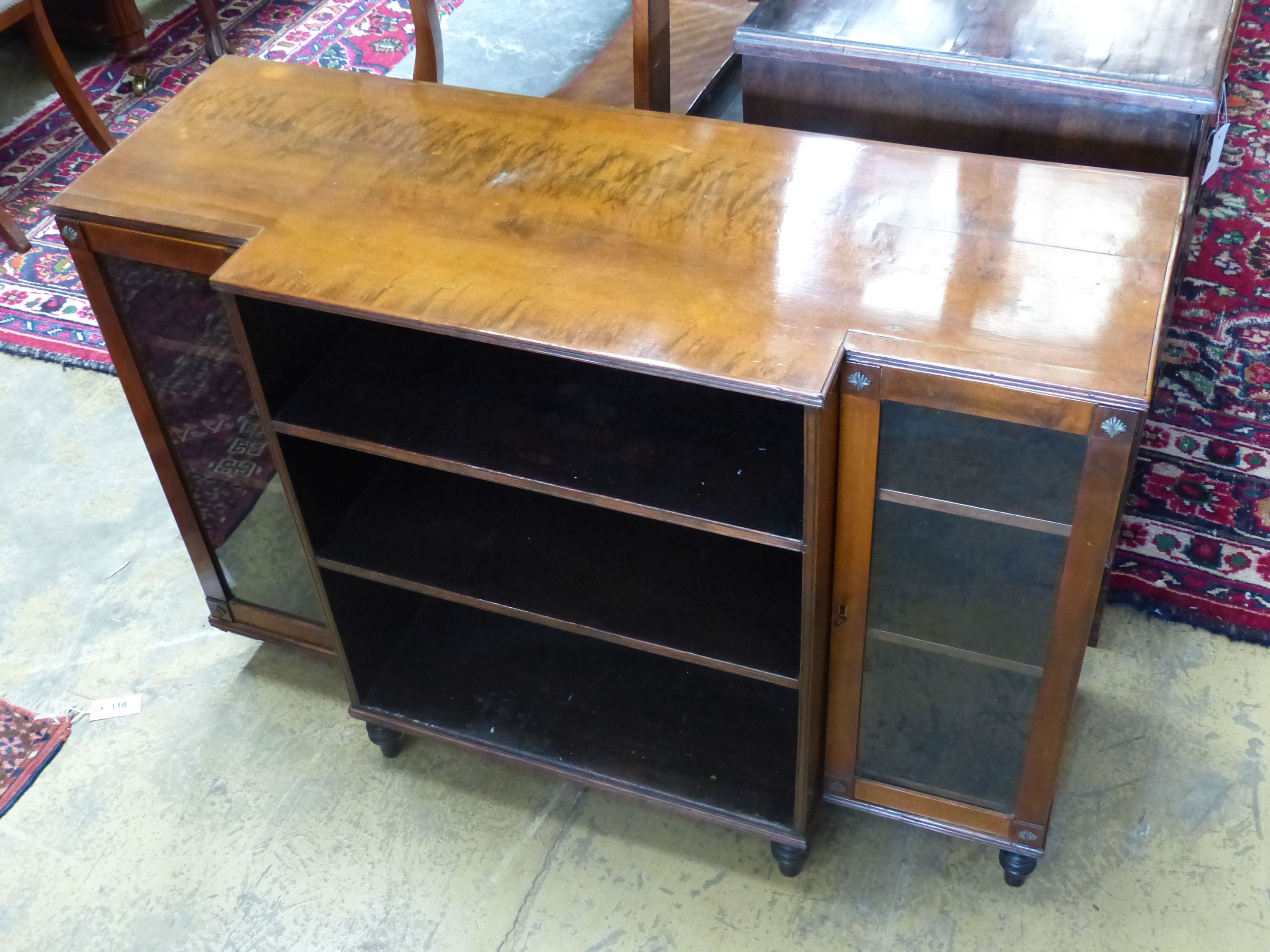 A Regency style mahogany and satinwood dwarf breakfront bookcase, width 112cm, depth 42cm, height 79cm